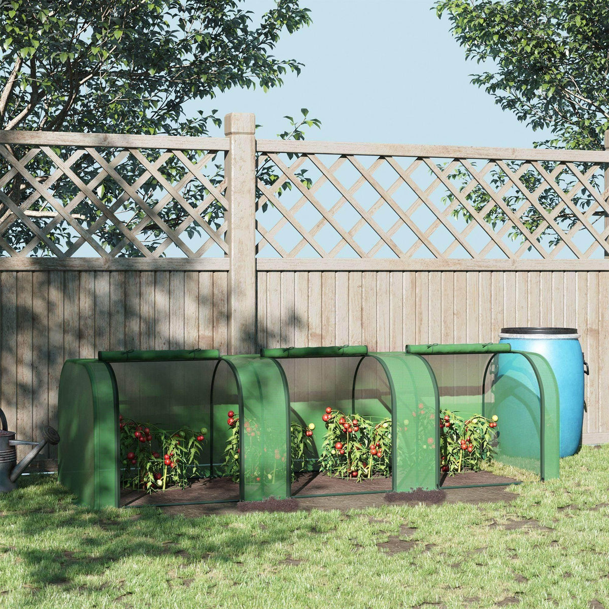Green tunnel greenhouse with mesh cover and arched frames for garden plants