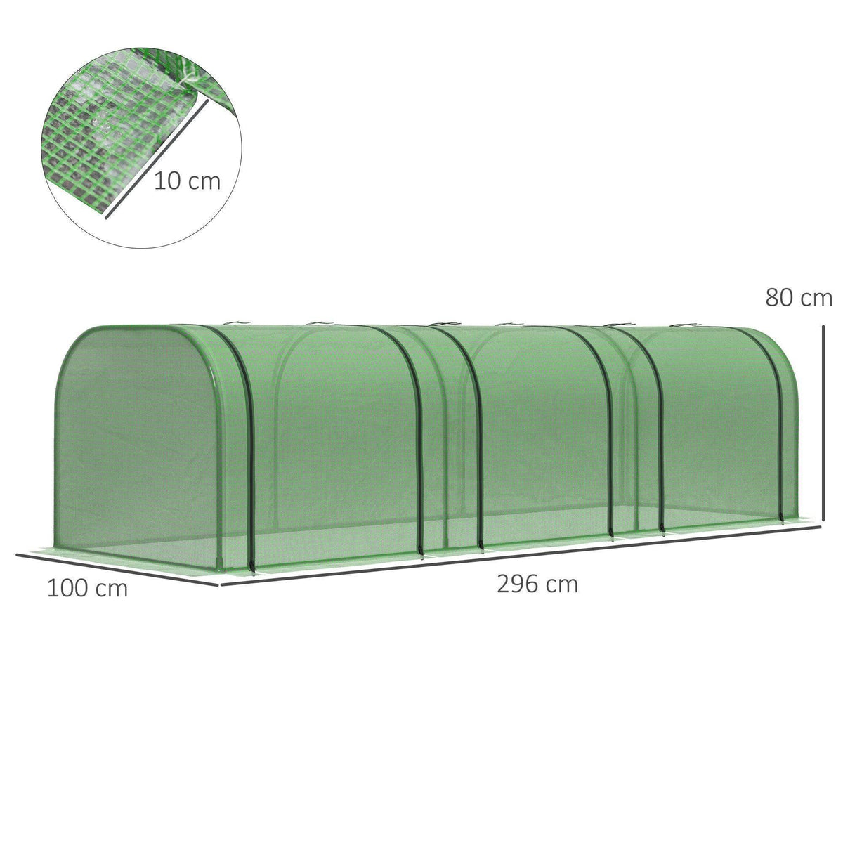 Compact green tunnel greenhouse with translucent mesh cover and curved support bars