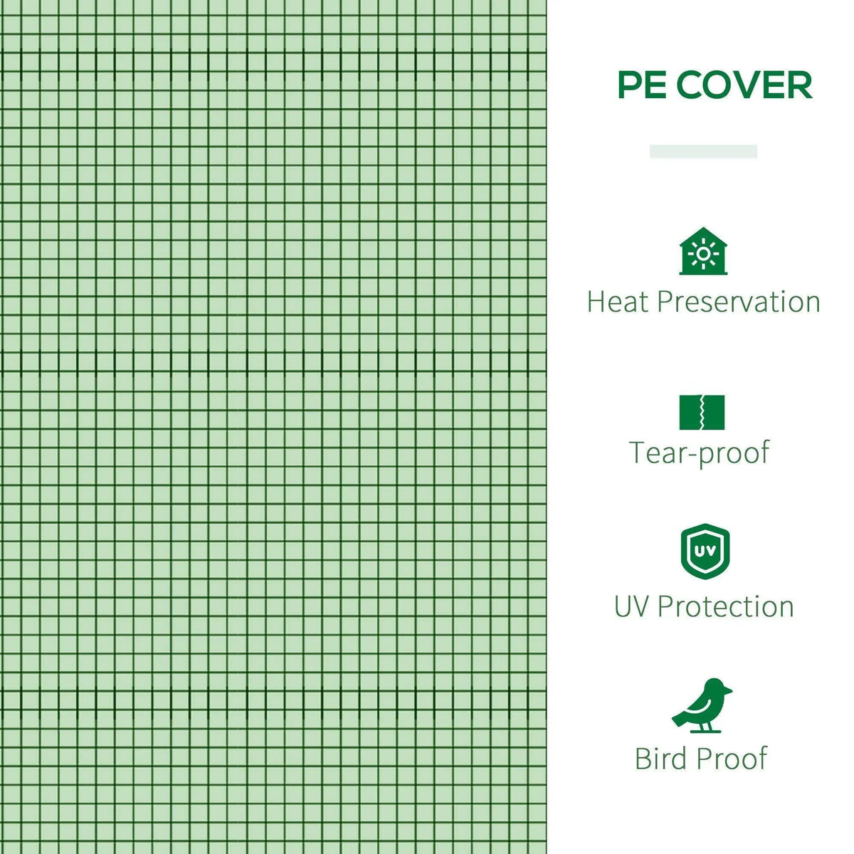 Green PE cover with grid mesh texture and icons for heat and UV protection