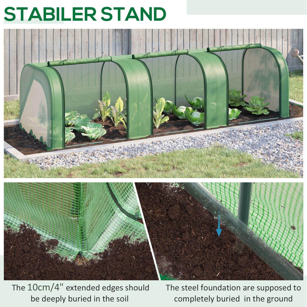 Green tunnel greenhouse raised on a gravel base with visible plant beds inside