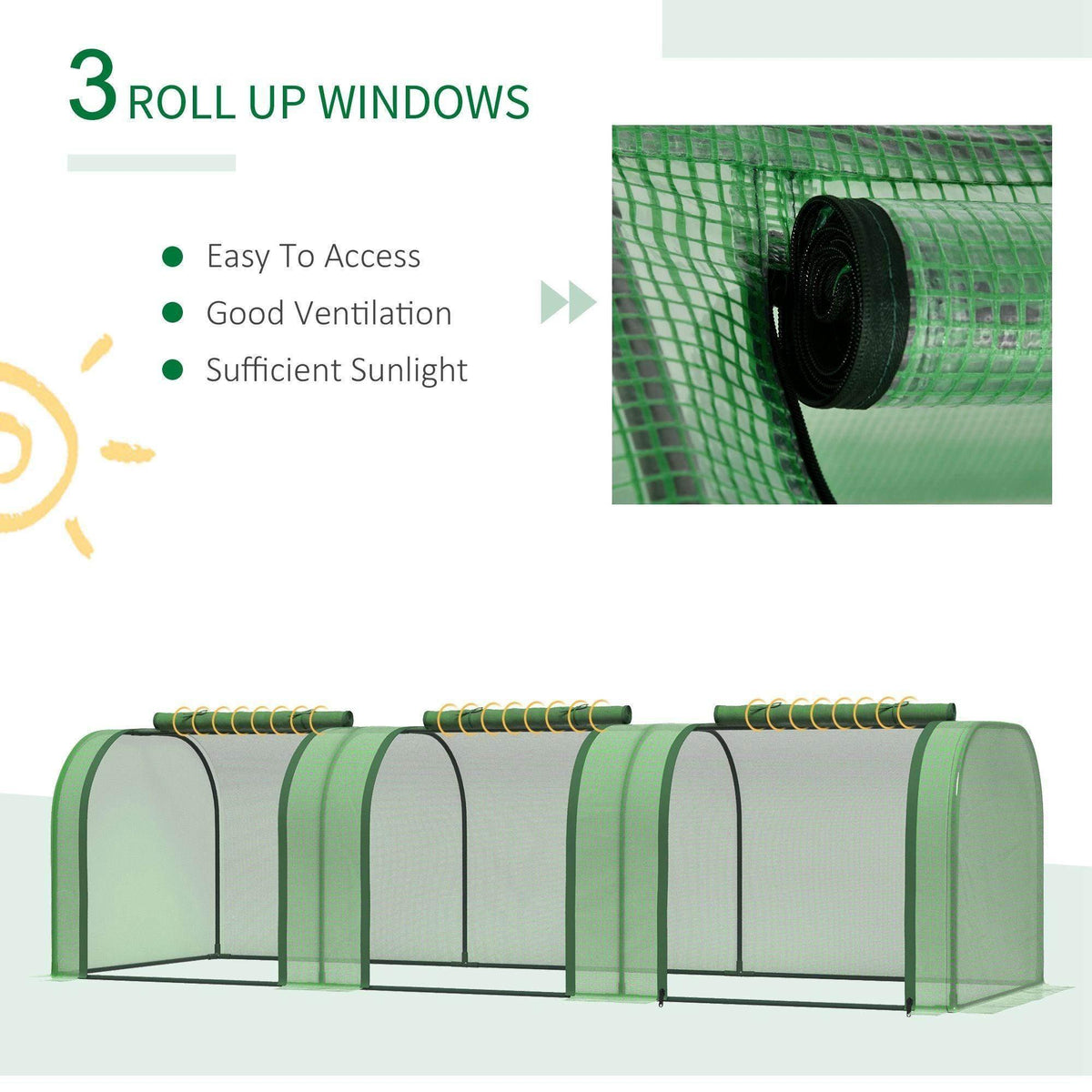 Green tunnel greenhouse with roll-up windows and end panels under mesh cover