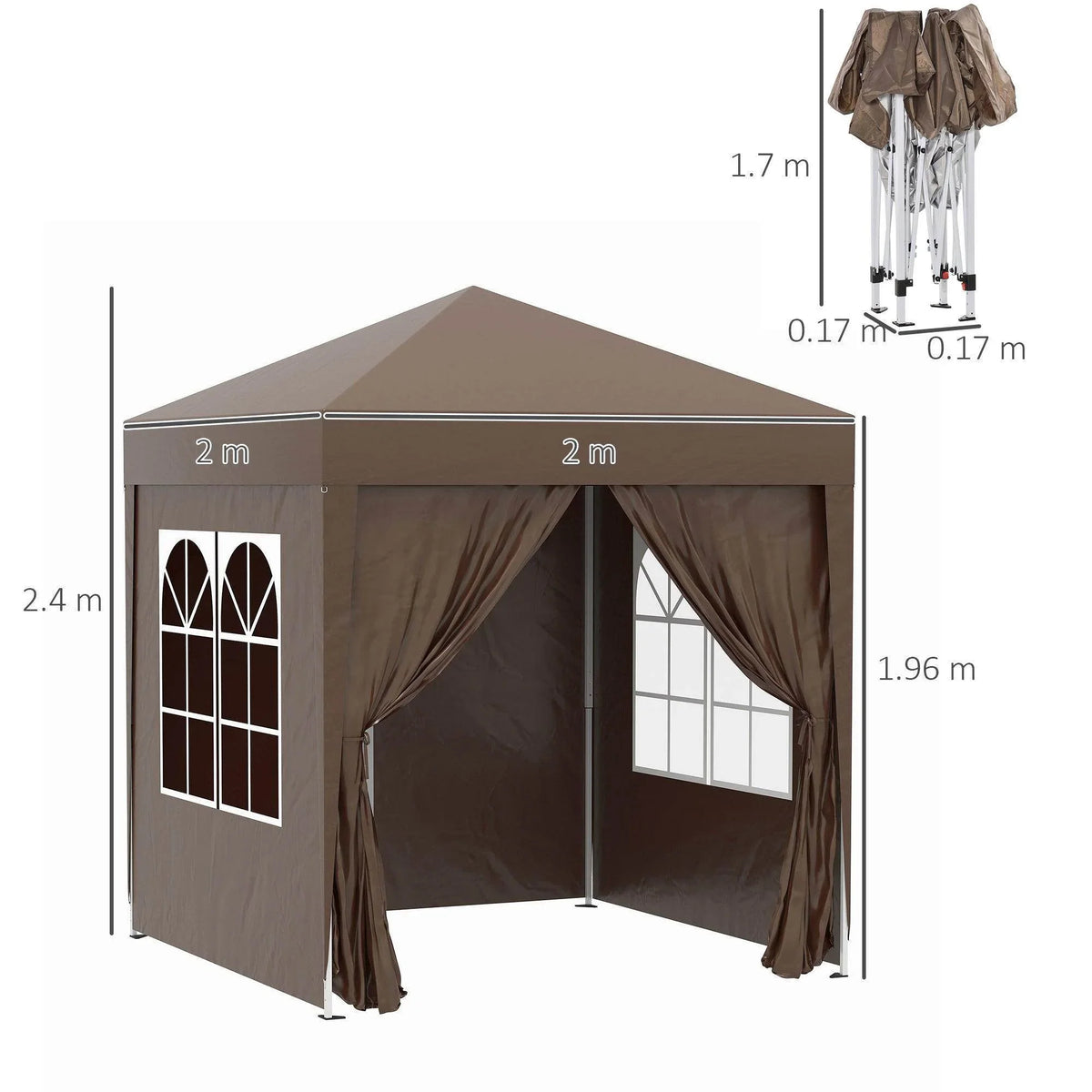 Brown 2m x 2m garden gazebo with side panels, windows, and curtain doors, compact folded size shown