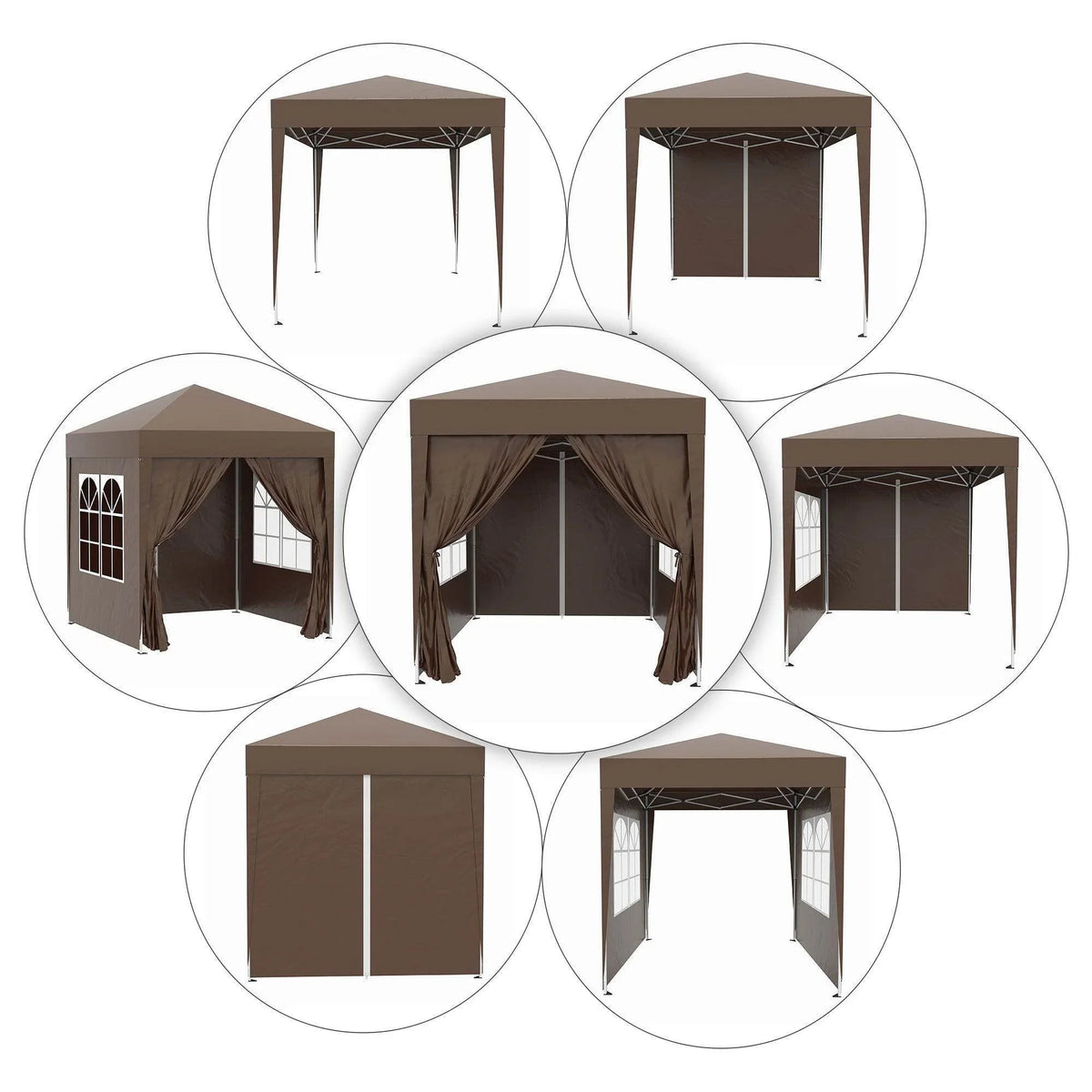 Brown pop-up gazebo with side walls and window panels, ideal for garden or outdoor events