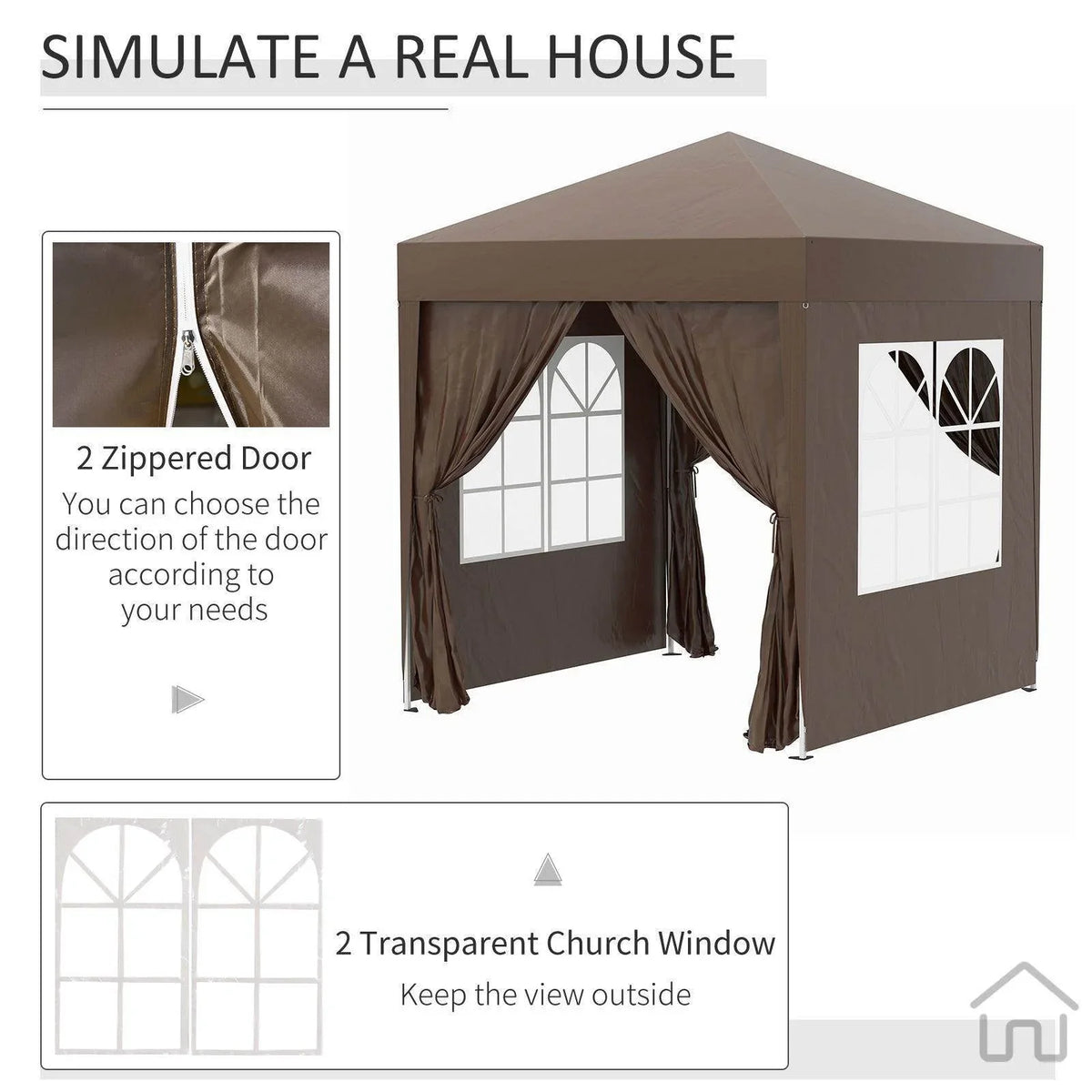 Brown outdoor gazebo with zippered doors and transparent church windows for garden or patio use