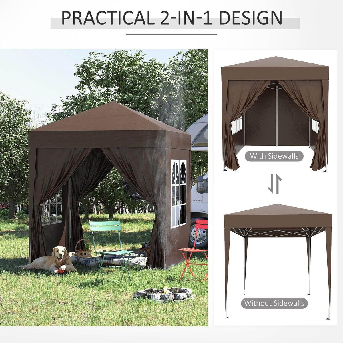Brown 2-in-1 pop-up gazebo with removable sidewalls, perfect for garden parties or outdoor relaxation with pets.