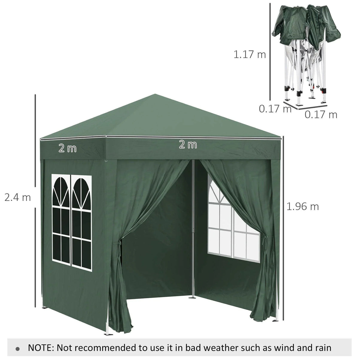 2m x 2m green garden gazebo with side panels, windows, and curtains, ideal for outdoor events and patio use