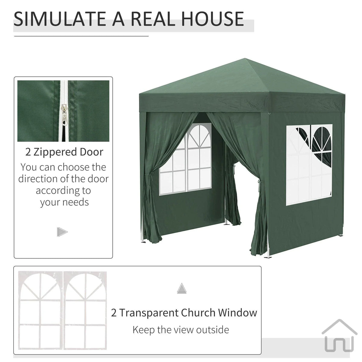 Green outdoor gazebo with zippered doors and transparent church windows for garden use