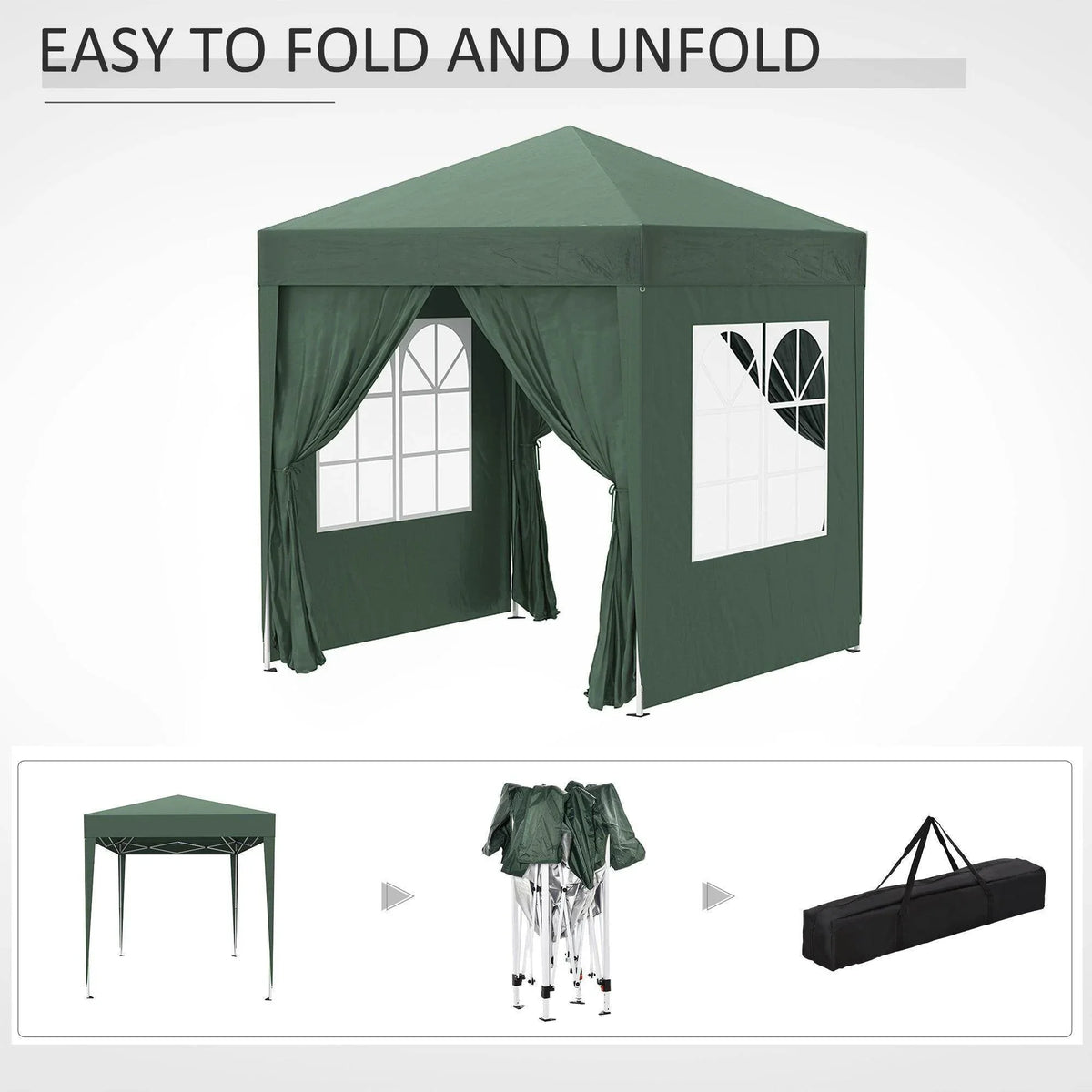 Green pop-up gazebo with side curtains and windows, easy to fold and carry in storage bag