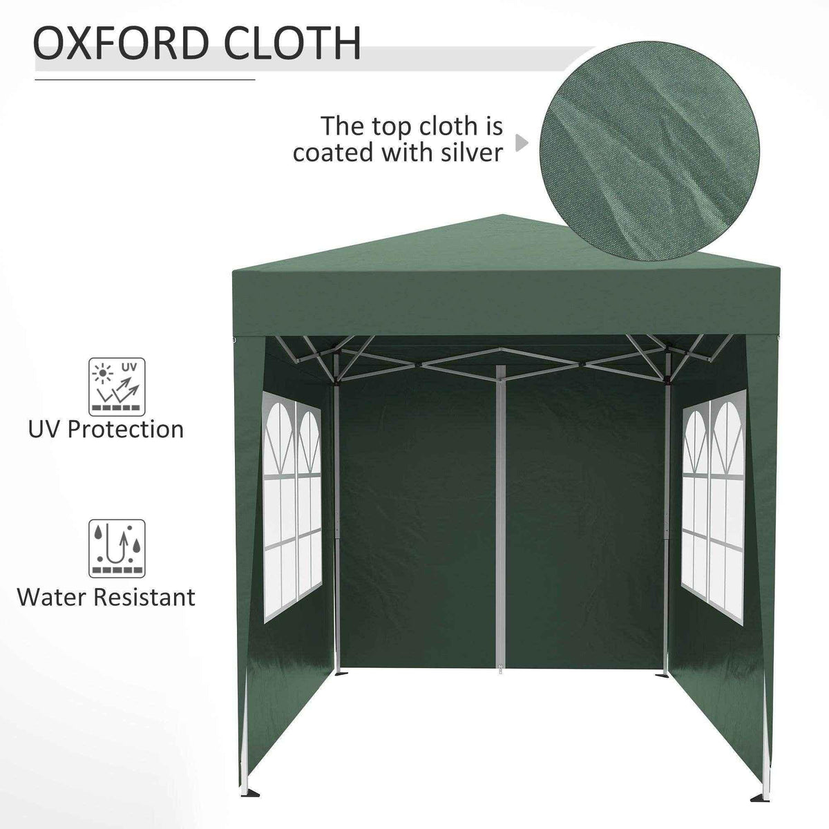 Green pop-up gazebo with Oxford cloth, UV protection, water-resistant, silver-coated roof, and window panels