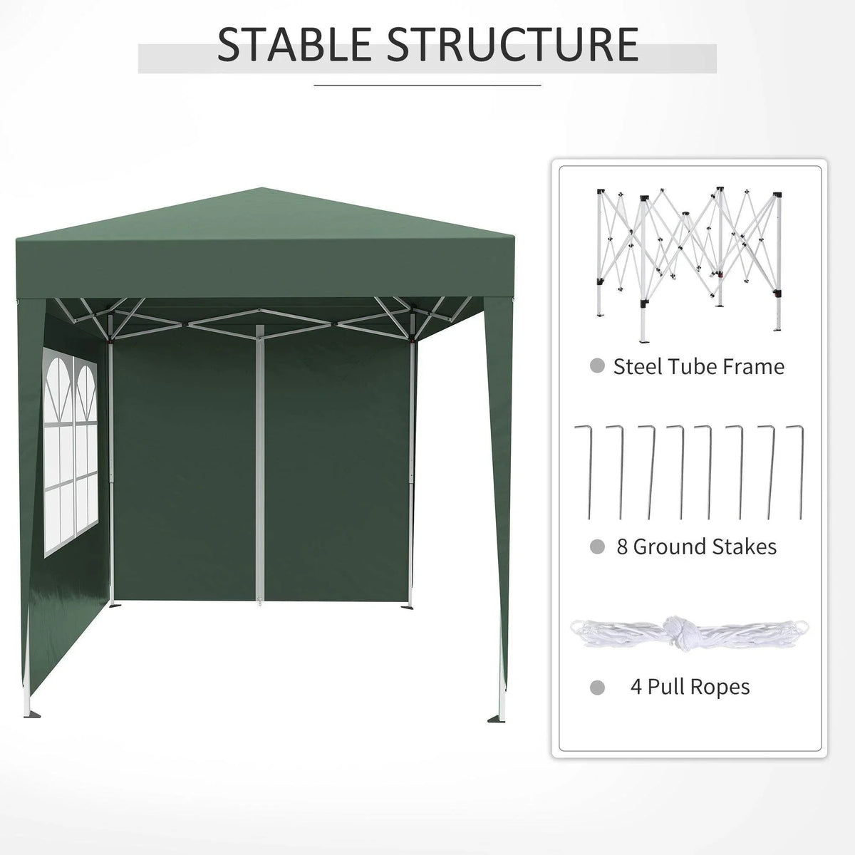 Green pop-up gazebo with steel frame, side walls, and stability features for outdoor use