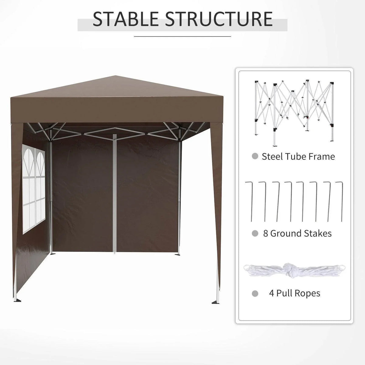 Brown pop-up gazebo with steel frame, side walls, 8 stakes & 4 ropes for stable outdoor use