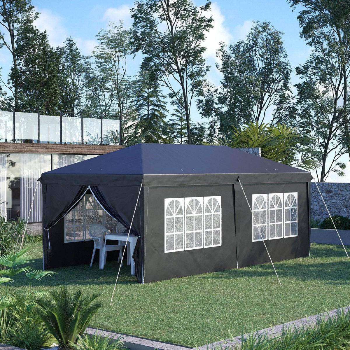 Portable pop-up gazebo with dark fabric roof and side panels featuring square window openings