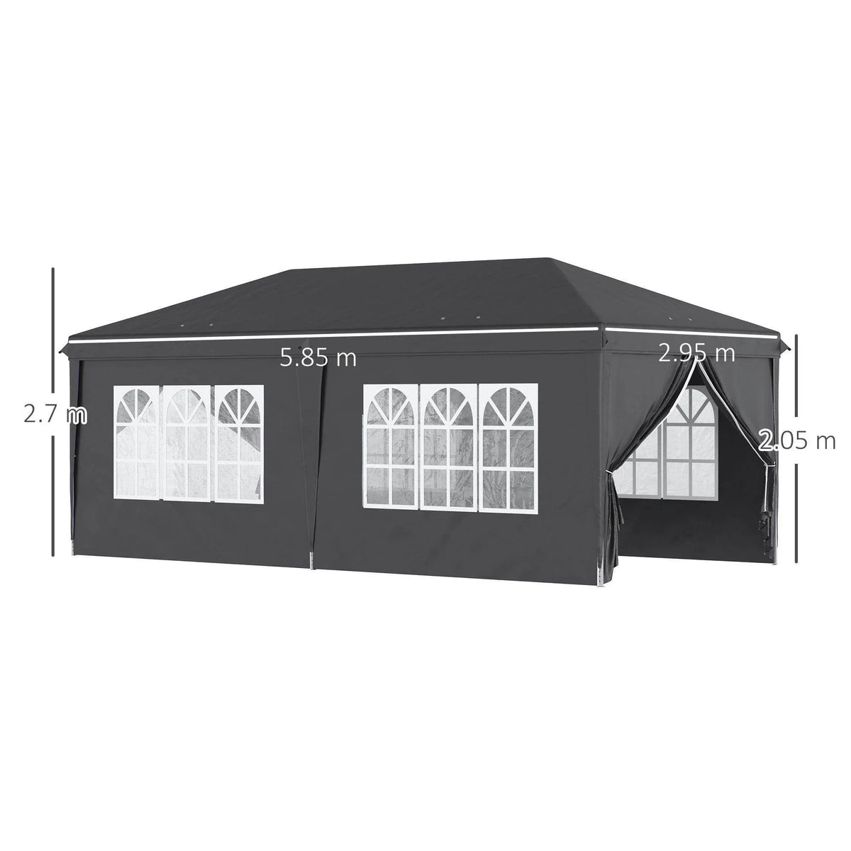 Portable pop-up gazebo tent with dark fabric sides and multiple window panels on each wall