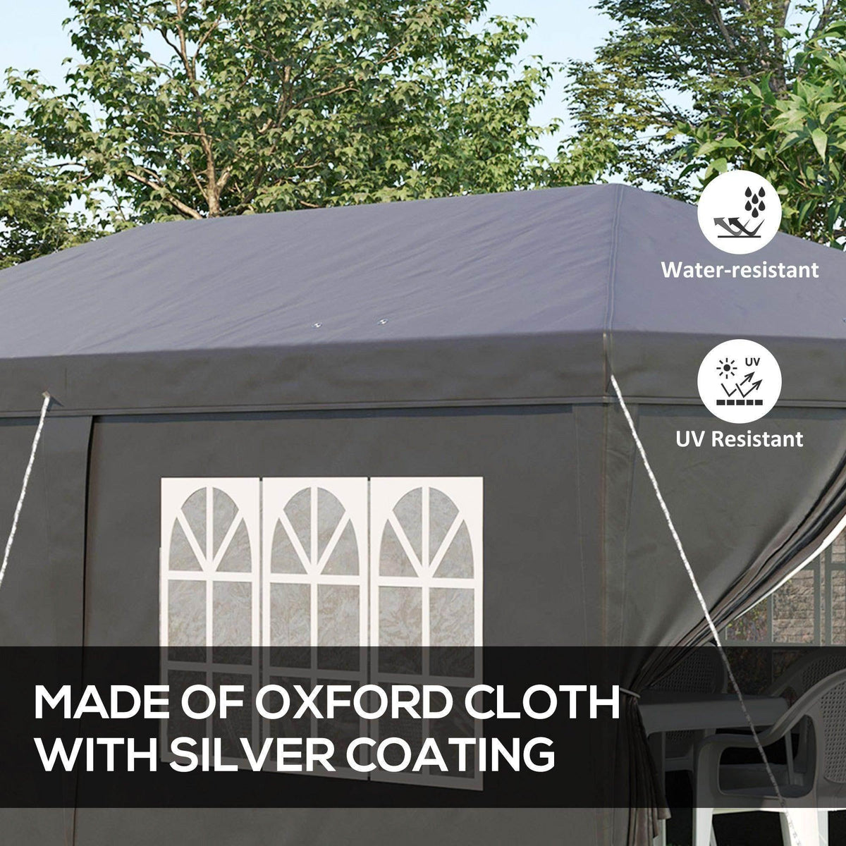 Dark pop-up gazebo with fabric side windows and water- and UV-resistant feature icons