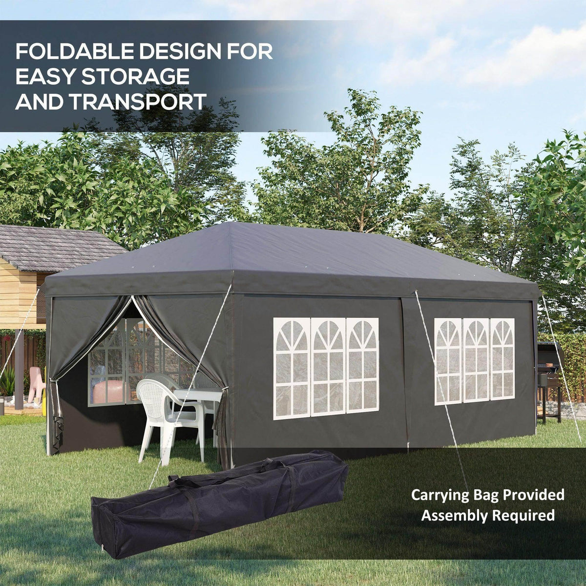 Portable pop-up gazebo with side window panels, open entrance curtains, and included carrying bag