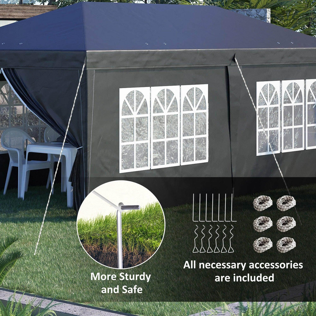 Pop-up gazebo side wall with window panels and included accessories for sturdier setup