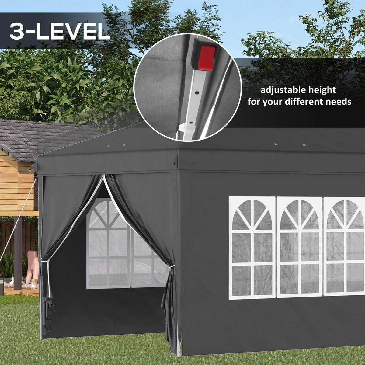 Portable pop-up gazebo with adjustable height frame and fabric door curtain at the corner