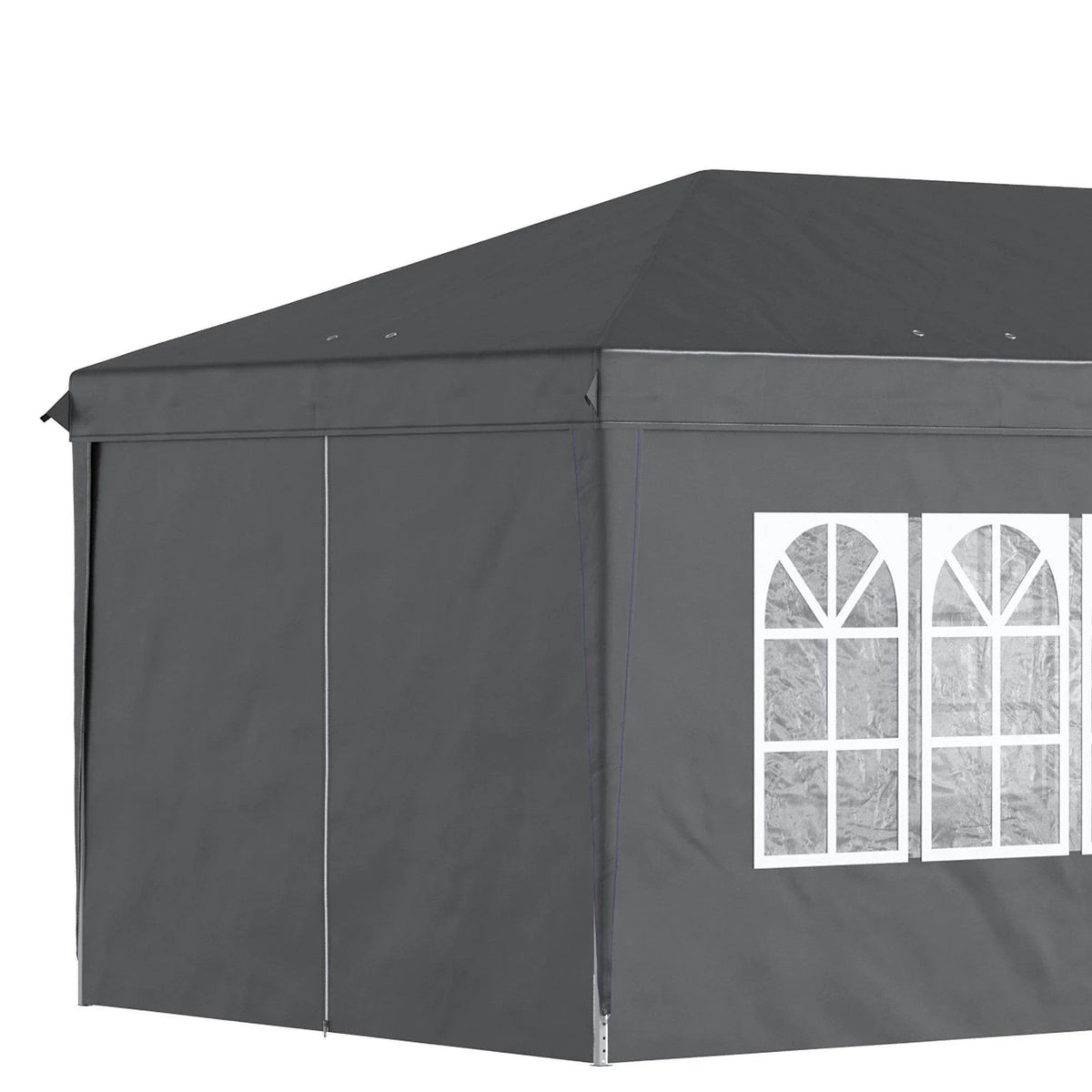 Corner view of dark pop-up gazebo with zippered side panels and large window window openings