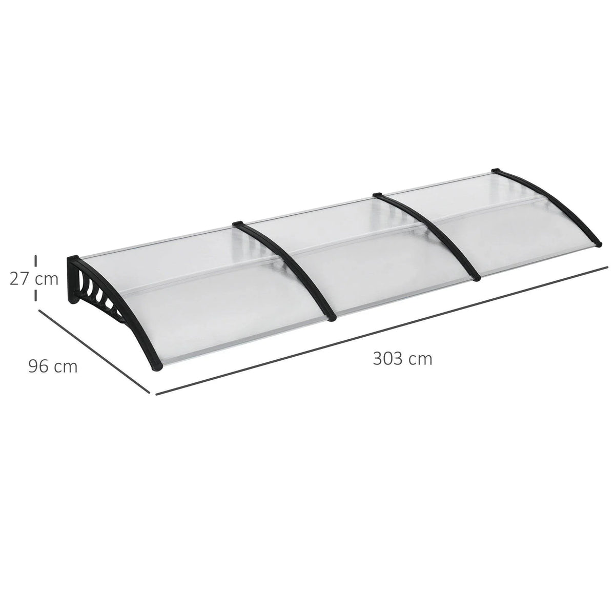 Clear rooftop awning panel with three curved black end frames, 303x96cm