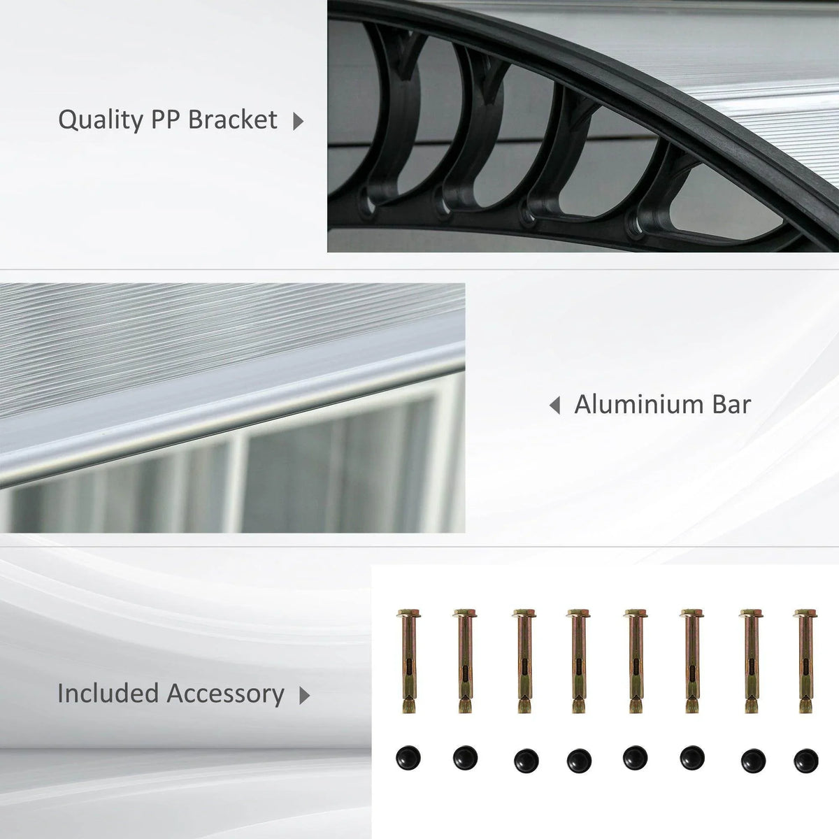 Clear awning with black PP bracket hardware, aluminum bar, and included fasteners