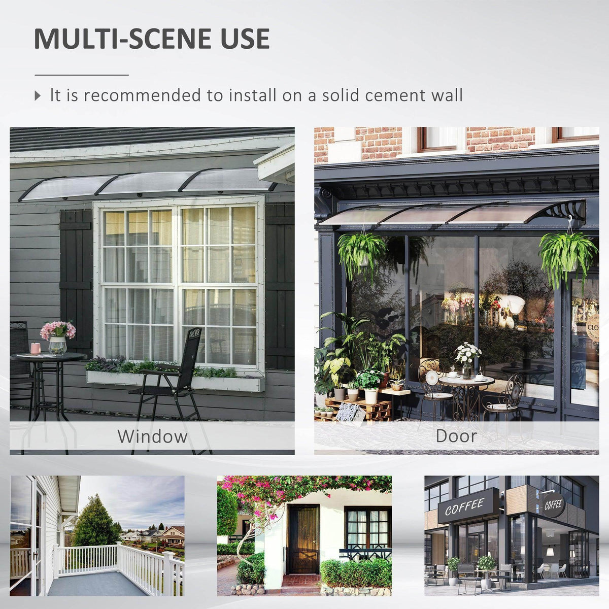 Porch awning for window and door coverage, clear panel with black frame