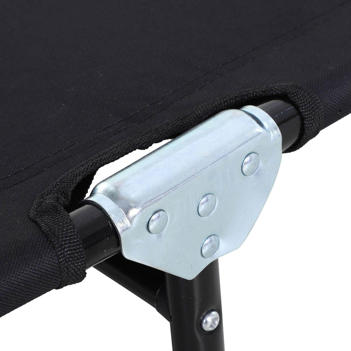 Black fabric strap with silver hinge hardware on a folding sun lounger