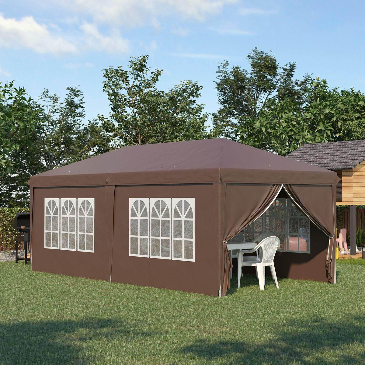 Brown fabric portable gazebo with peaked roof, side panels, and windowed sections