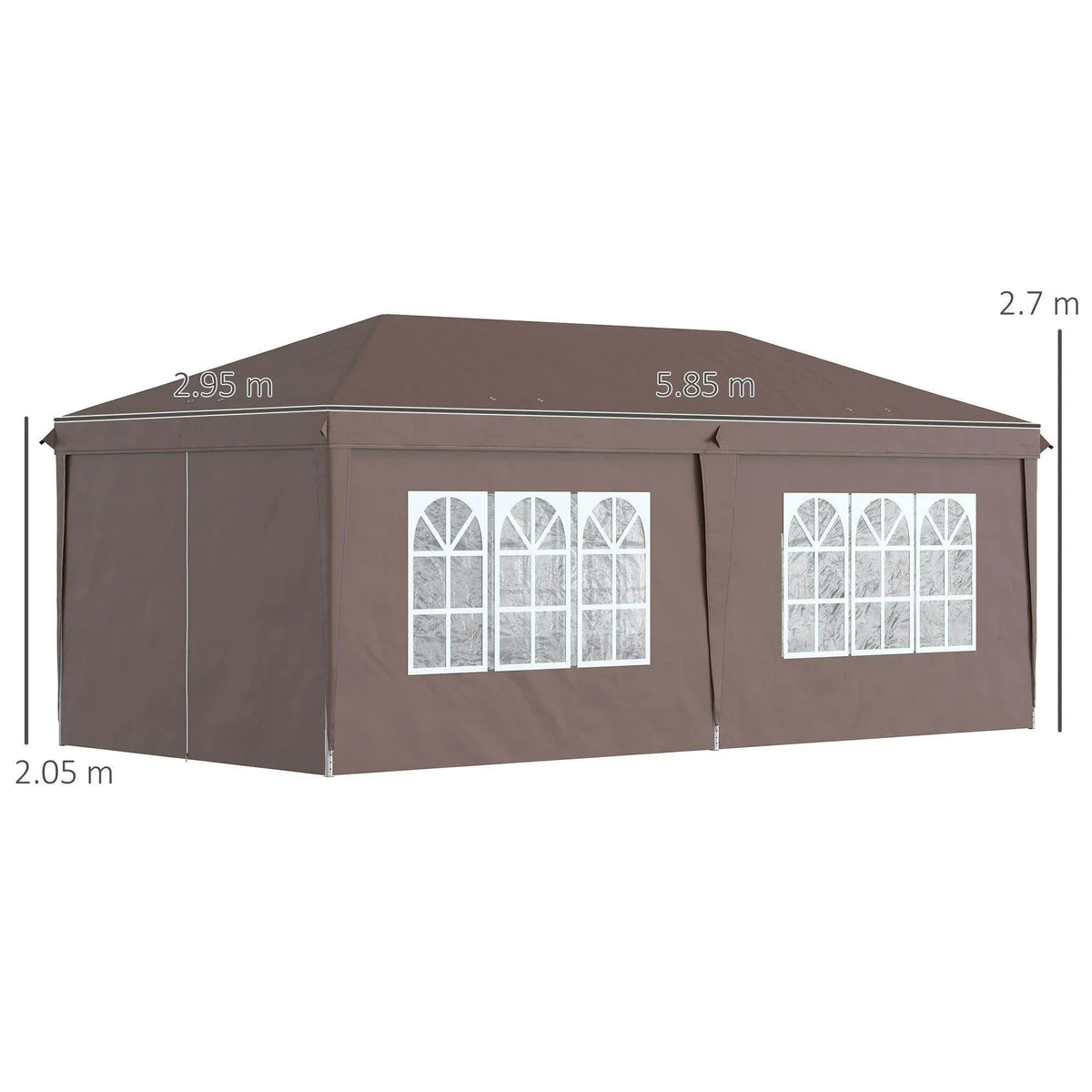 Brown portable gazebo with white window panels and straight side walls