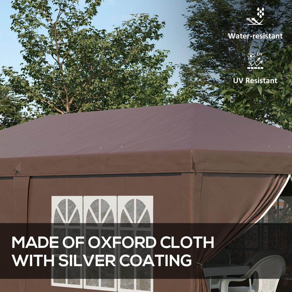Brown gazebo roof edge with white window panel and side curtain doorway opening
