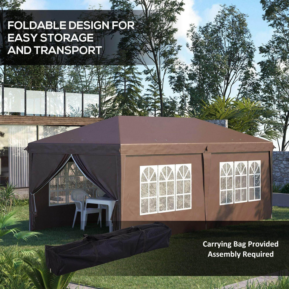 Brown fabric gazebo with white window panels and open entrance curtain