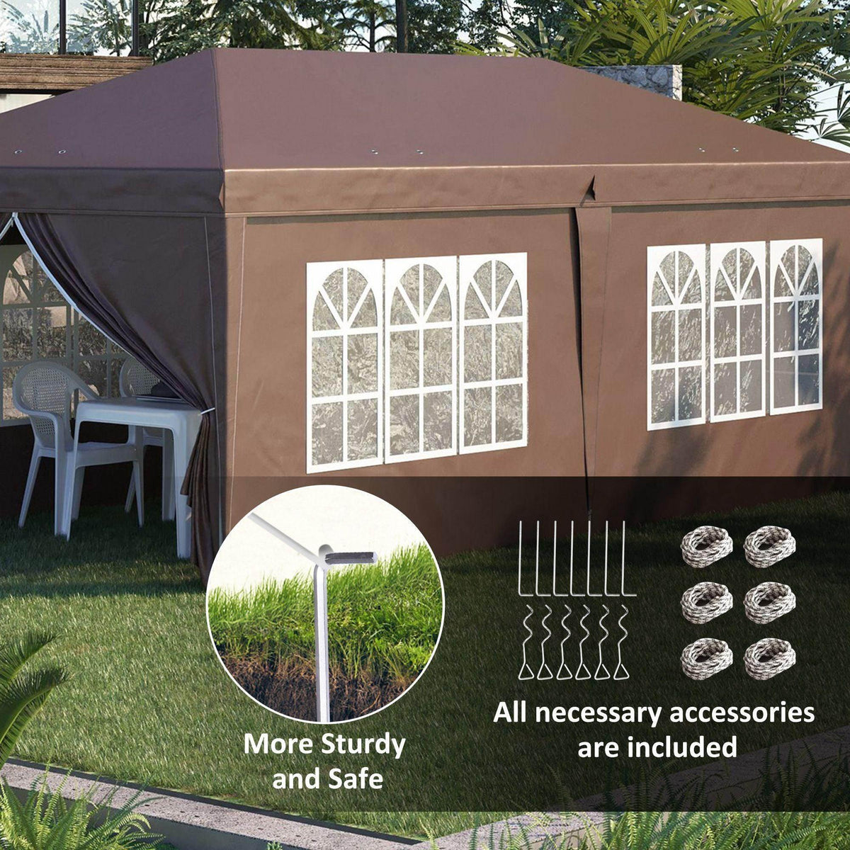 Brown gazebo with open door curtain, white windows, and patio chairs inside