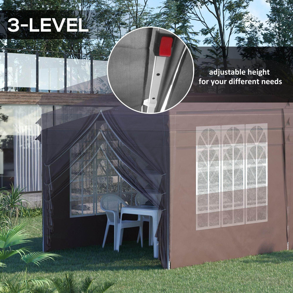 Brown gazebo wall with window panel and zippered doorway opening with adjustable detail