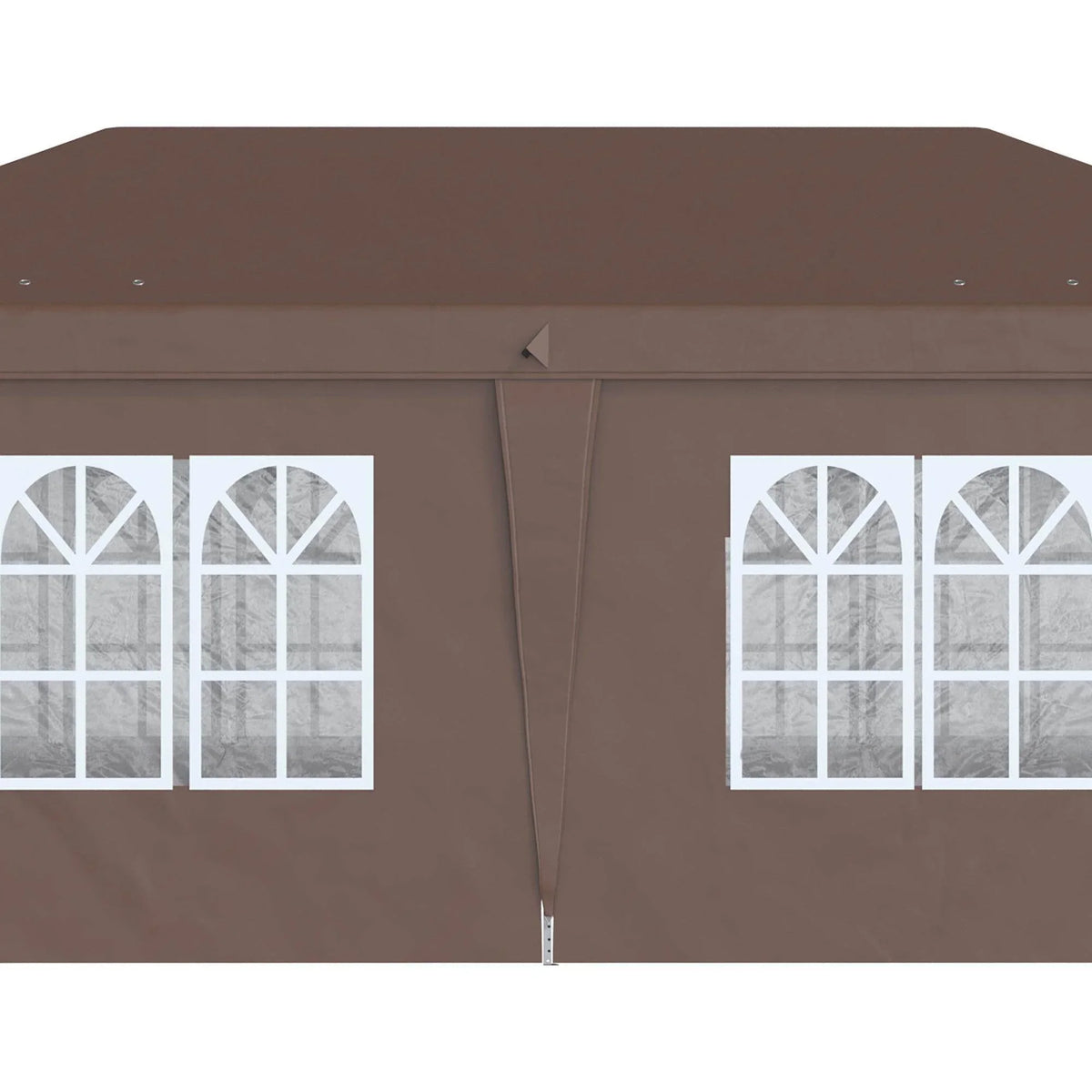 Brown gazebo roof seam with two white arched window panels