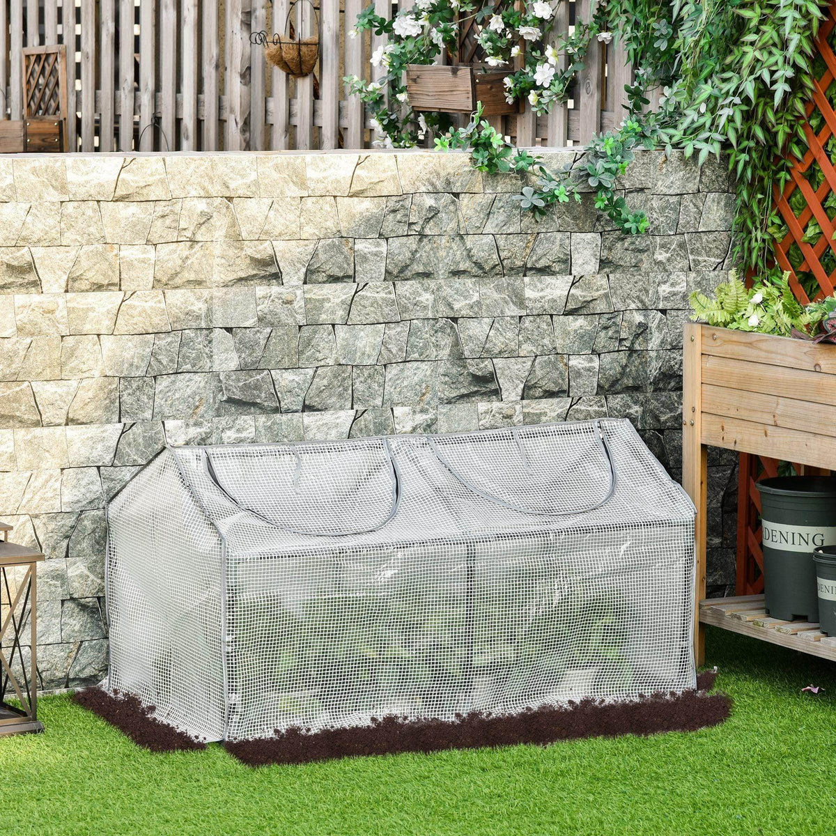 Portable greenhouse with gray mesh fabric and two roll-up window panels