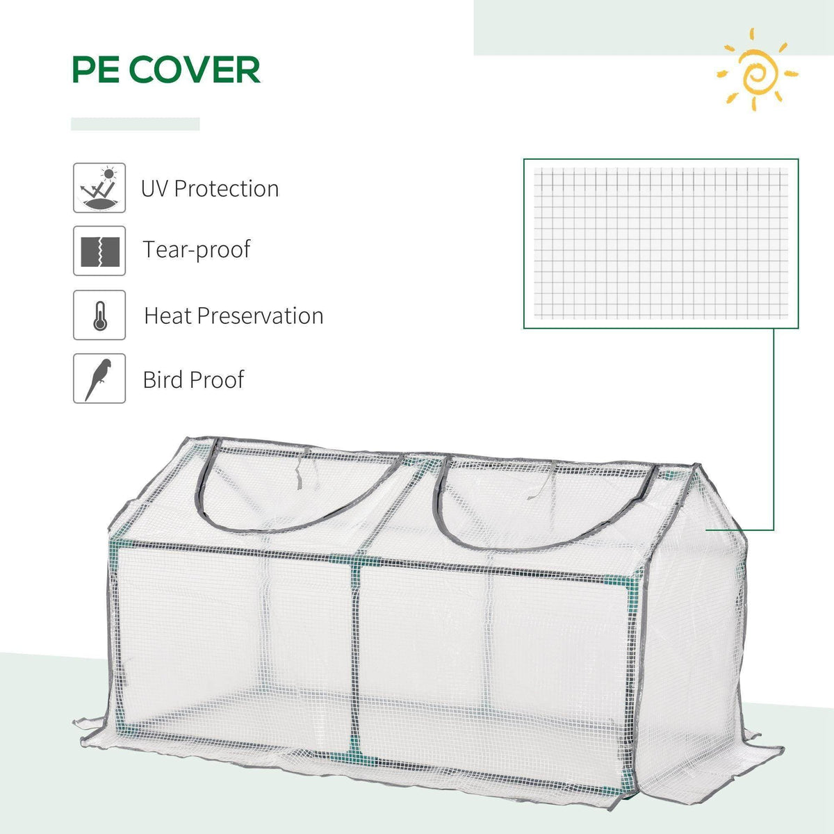 Portable greenhouse cover with gray mesh panels and double roll-up windows