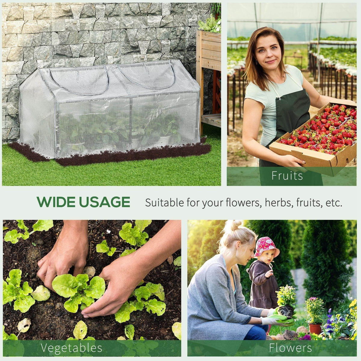Portable greenhouse cover on grass with double top mesh panels
