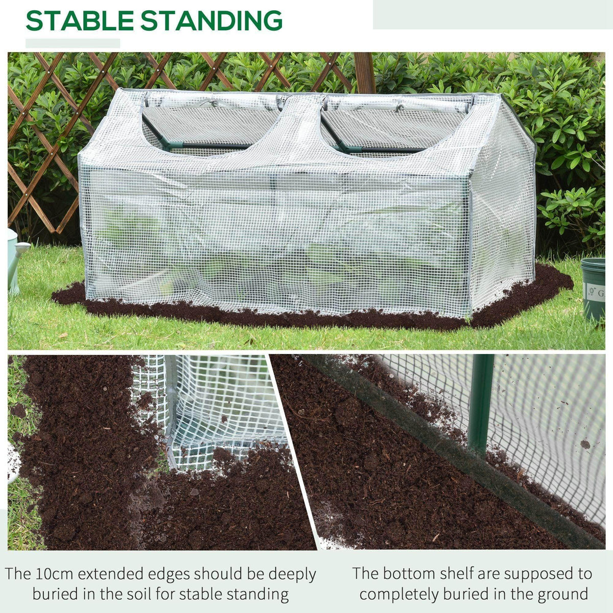 Portable greenhouse cover standing in garden with mesh side walls