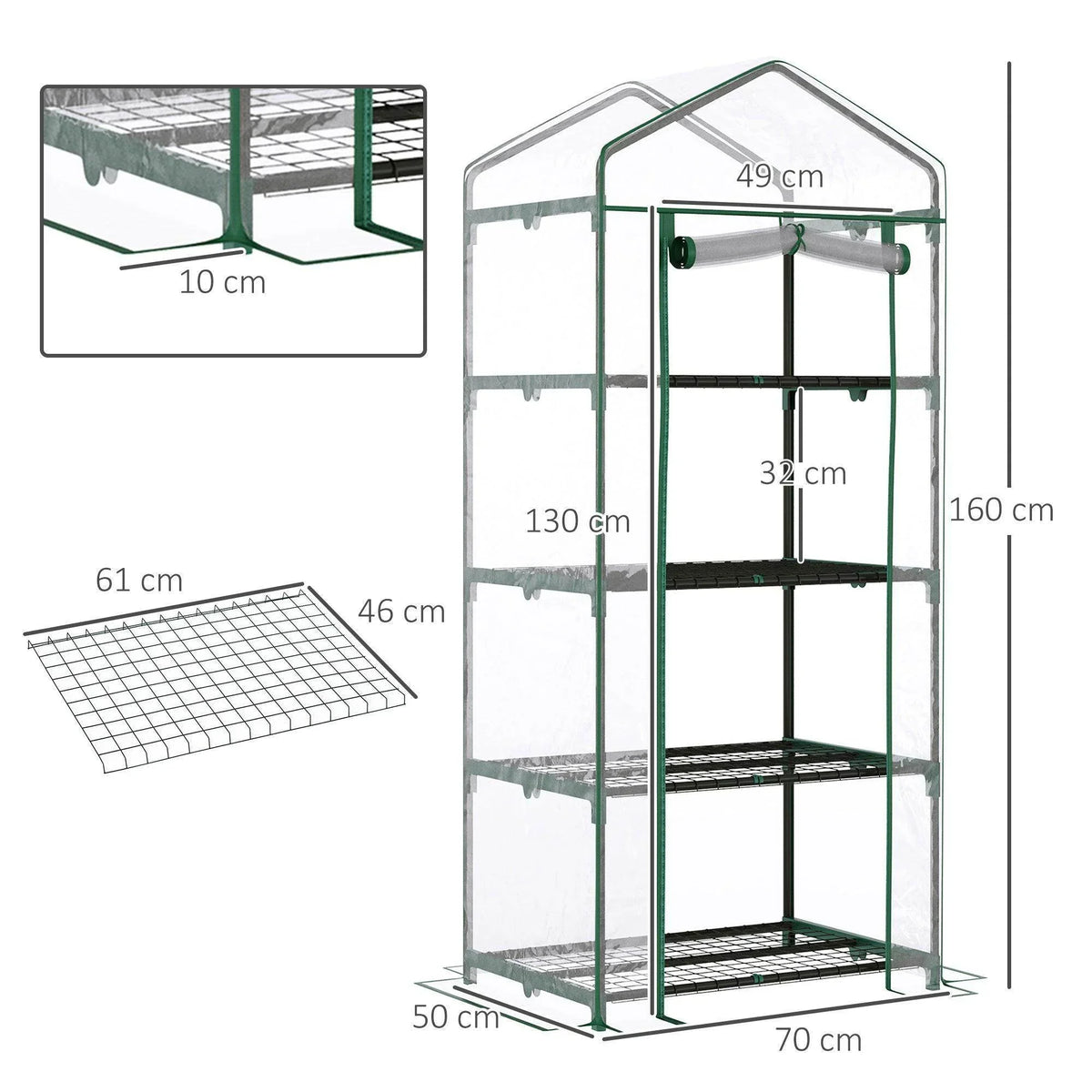 Outsunny 4-tier mini grow shed greenhouse with green frame and clear panels, shown with dimensions