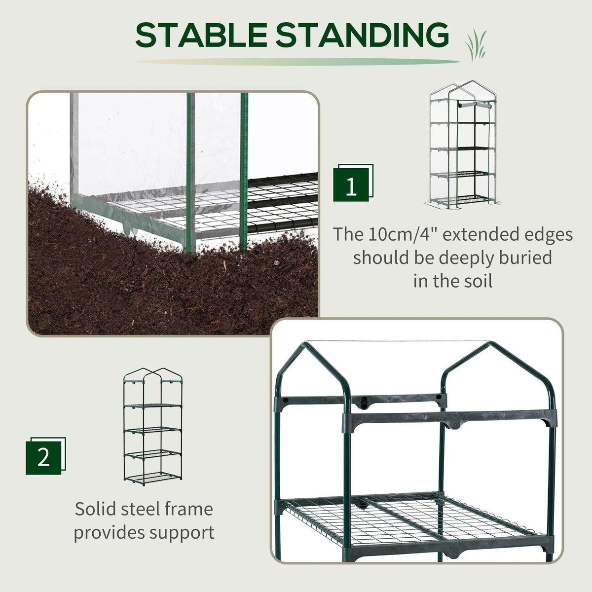 Mini greenhouse with green steel frame and clear cover resting on ground with tiered base shelf