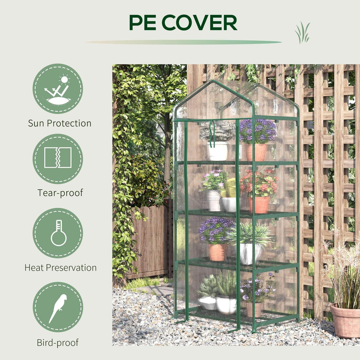Portable greenhouse with clear PE cover and green frame for protecting potted plants on tiers