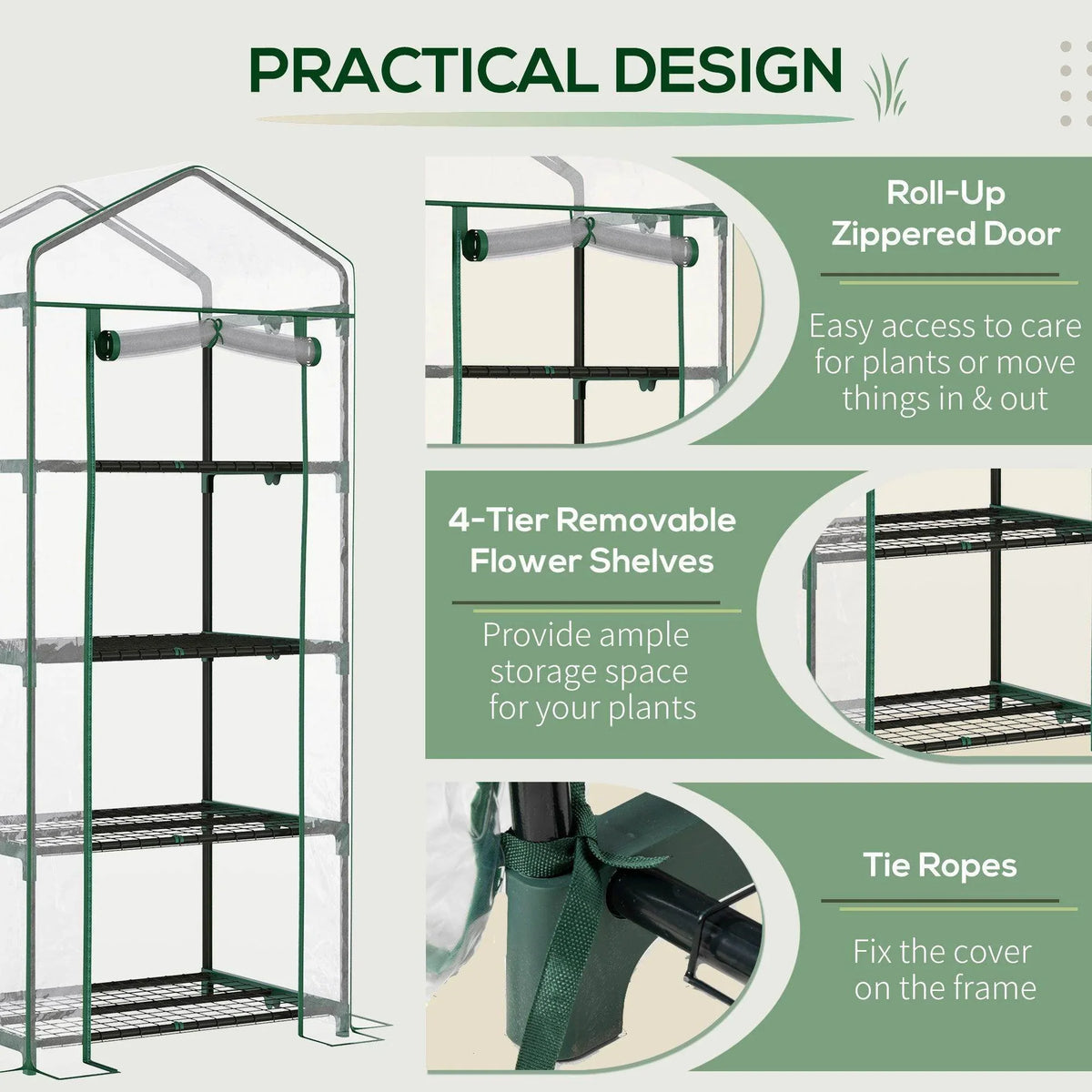Mini grow shed greenhouse with roll-up zippered door, green frame, and four tier shelves