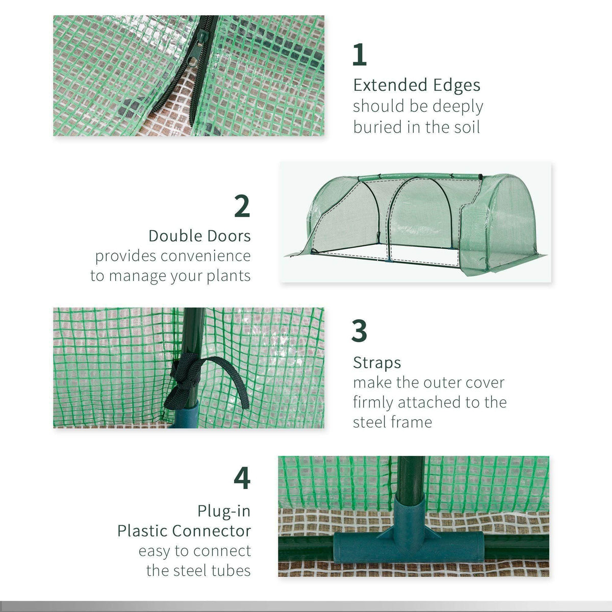 Green portable greenhouse cover with features: extended edges, double doors, straps