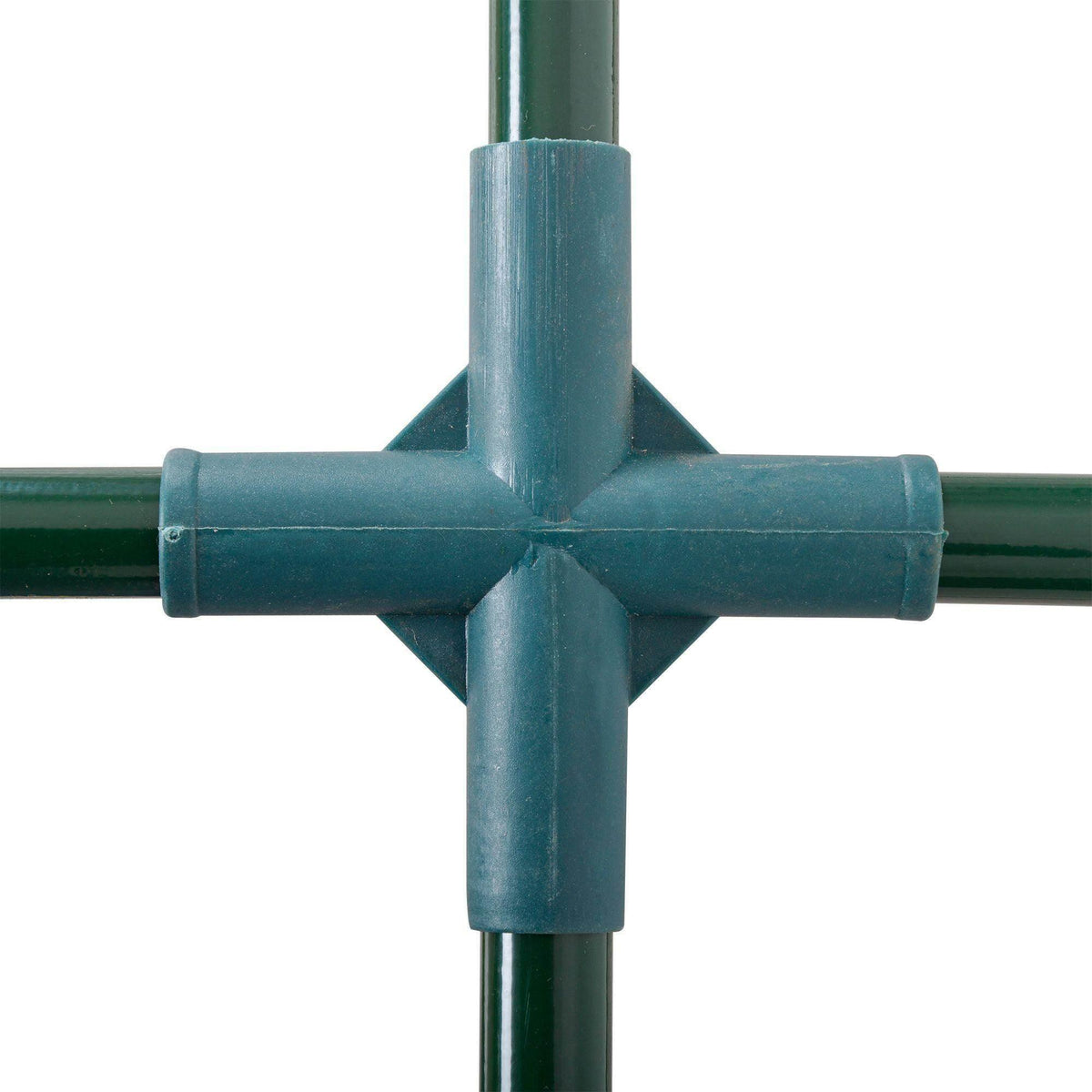 Steel frame cross connector for portable greenhouse, green coated metal joint