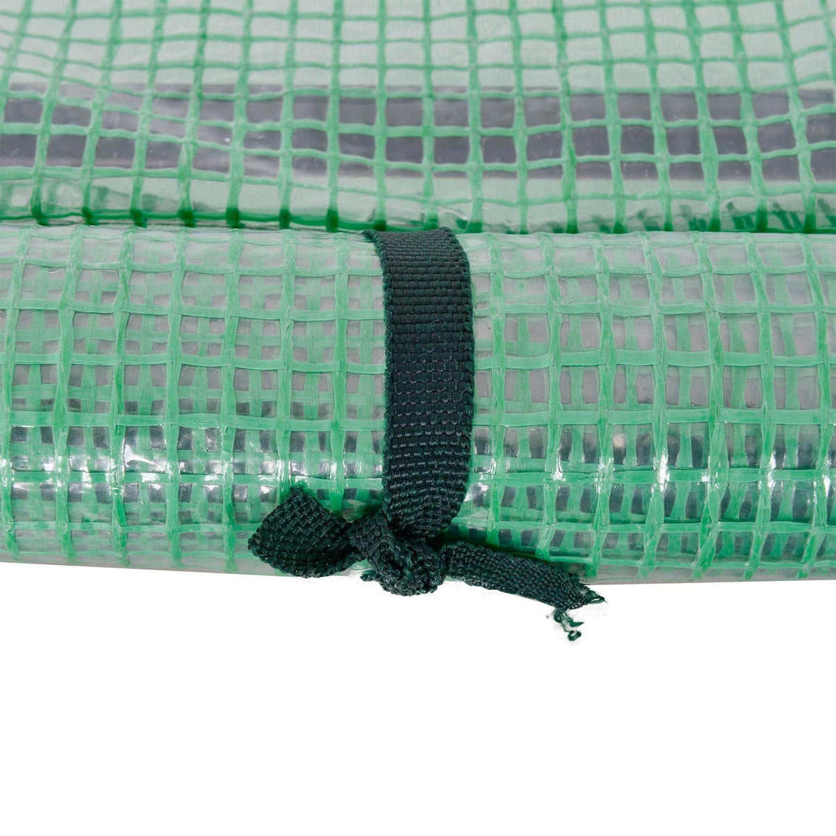 Corner strap securing green PE cover to portable tunnel greenhouse frame
