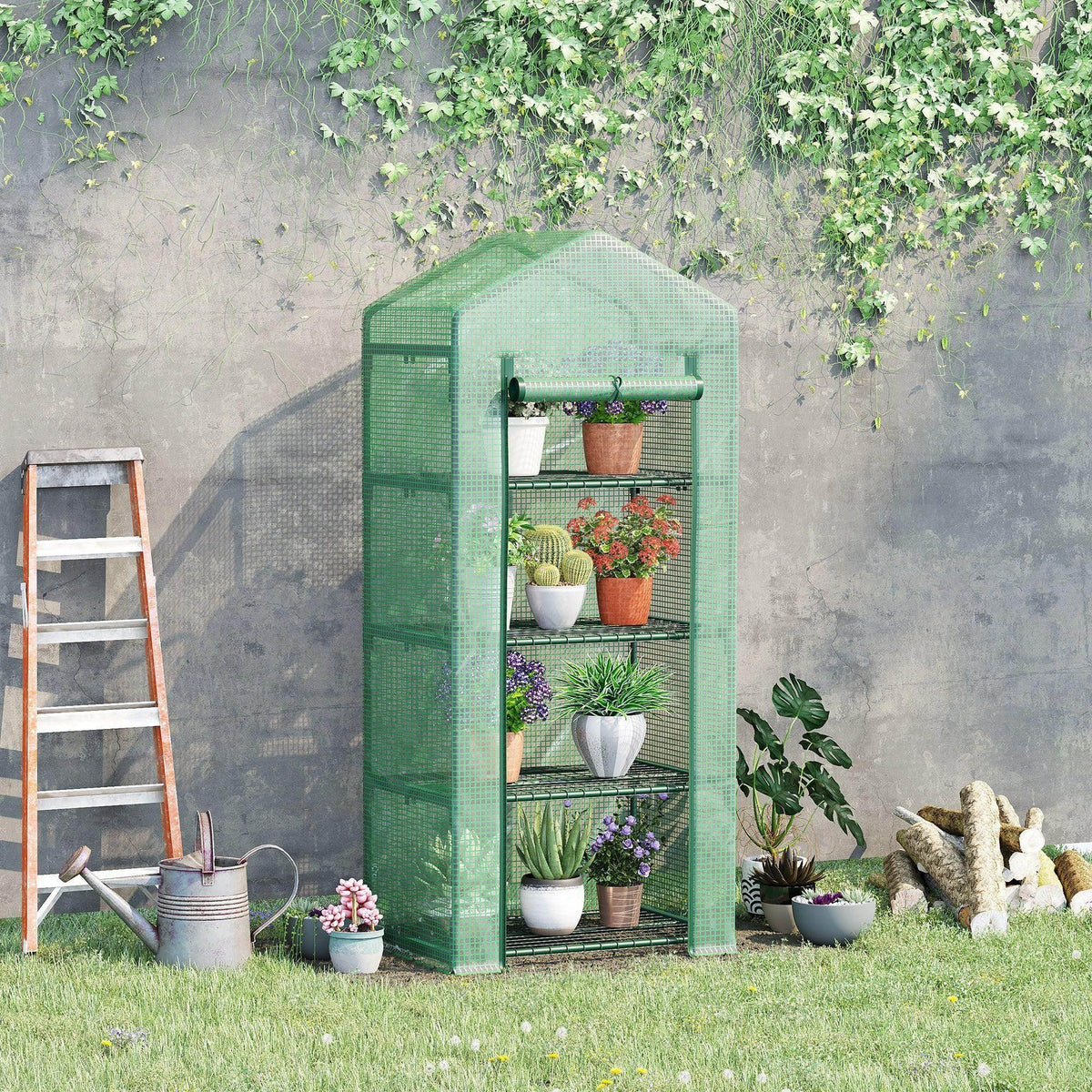 Portable green greenhouse with steel frame, PE cover, and front roll-up door