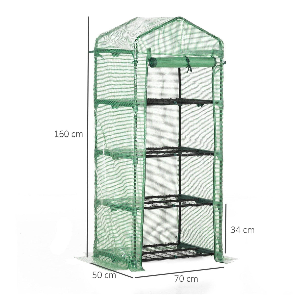 Portable green PE greenhouse with steel frame and arched top, front door panel