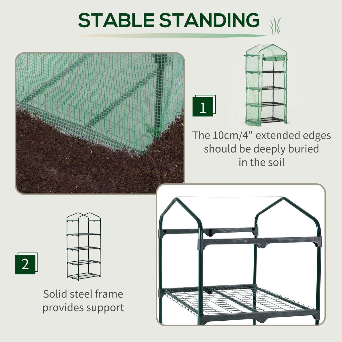 Green PE-covered greenhouse with stable steel frame and multi-tier wire shelving