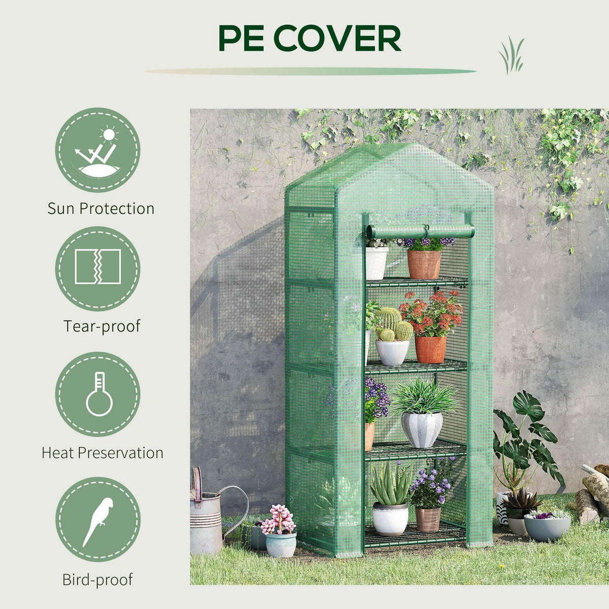 Green PE greenhouse with roll-up door and shelves holding potted plants inside