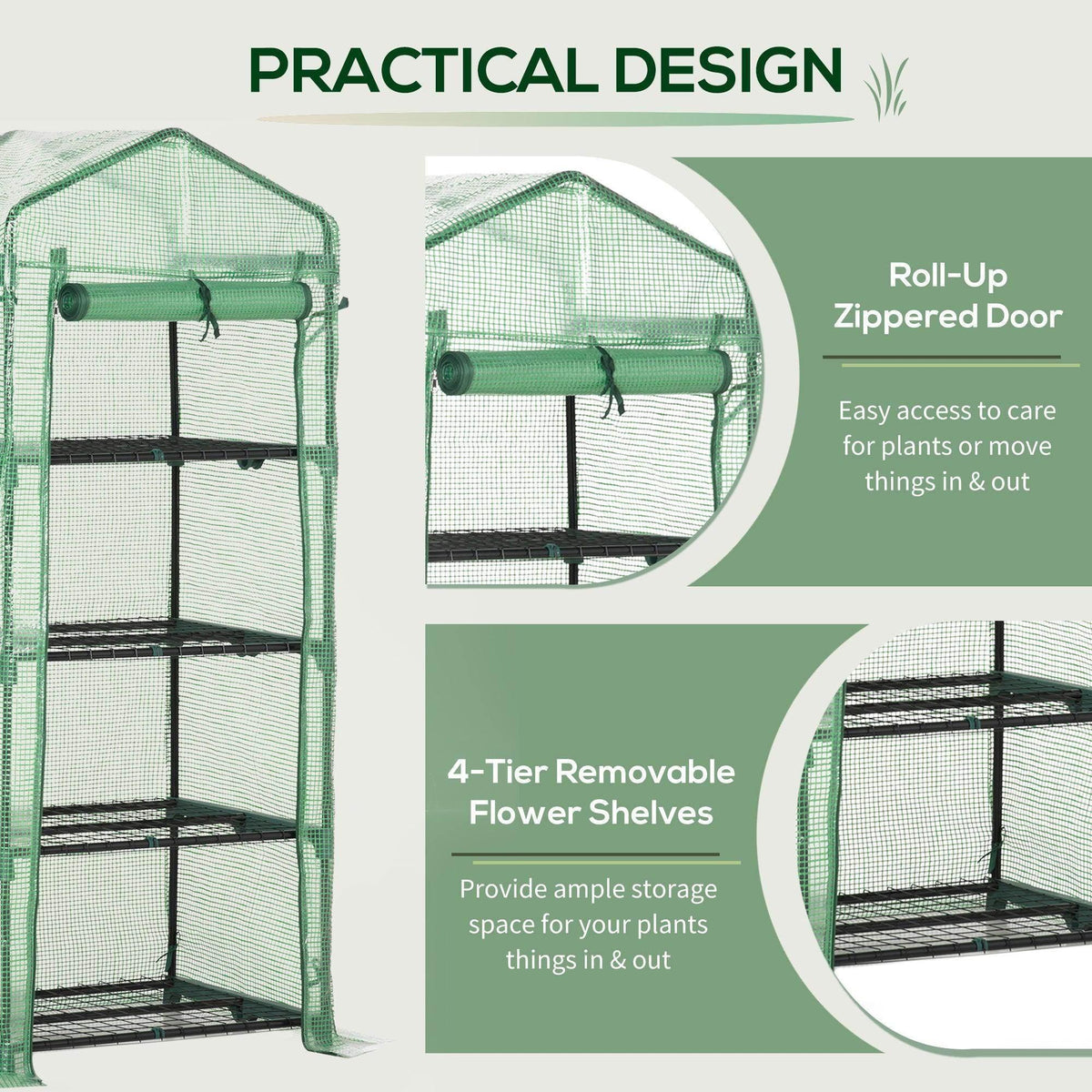 Green greenhouse with zipper roll-up door and four-tier removable flower shelves