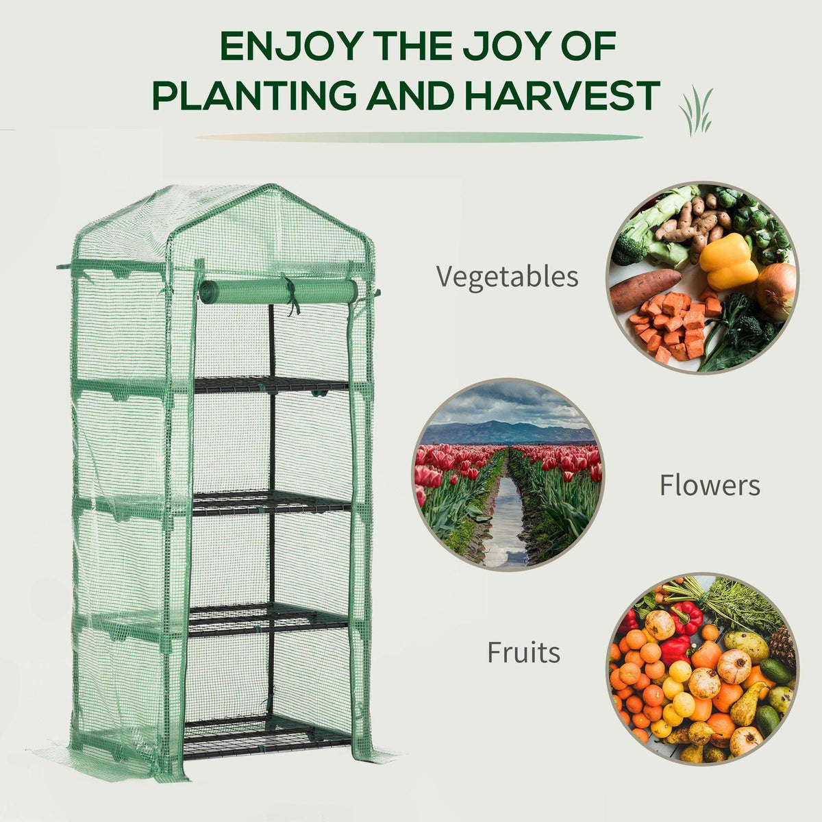 Green PE greenhouse with steel frame and wire shelves for planting and harvesting